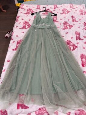 SHEIN Sage Green Tulle Pearl-Embellished Formal Dress